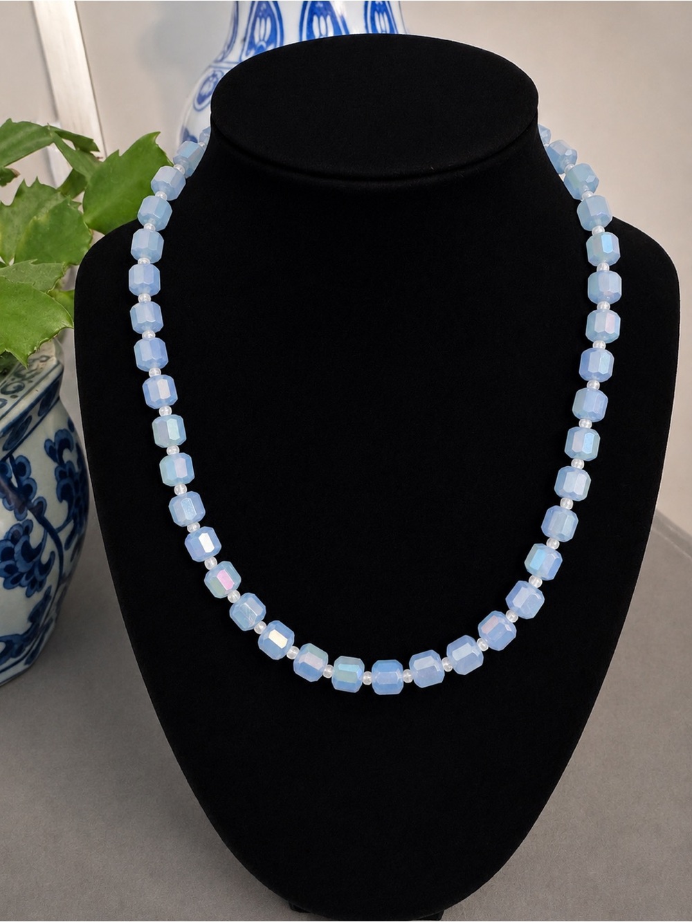 Opalized Blue Faceted Glass Bead Necklace - Women Jewelry